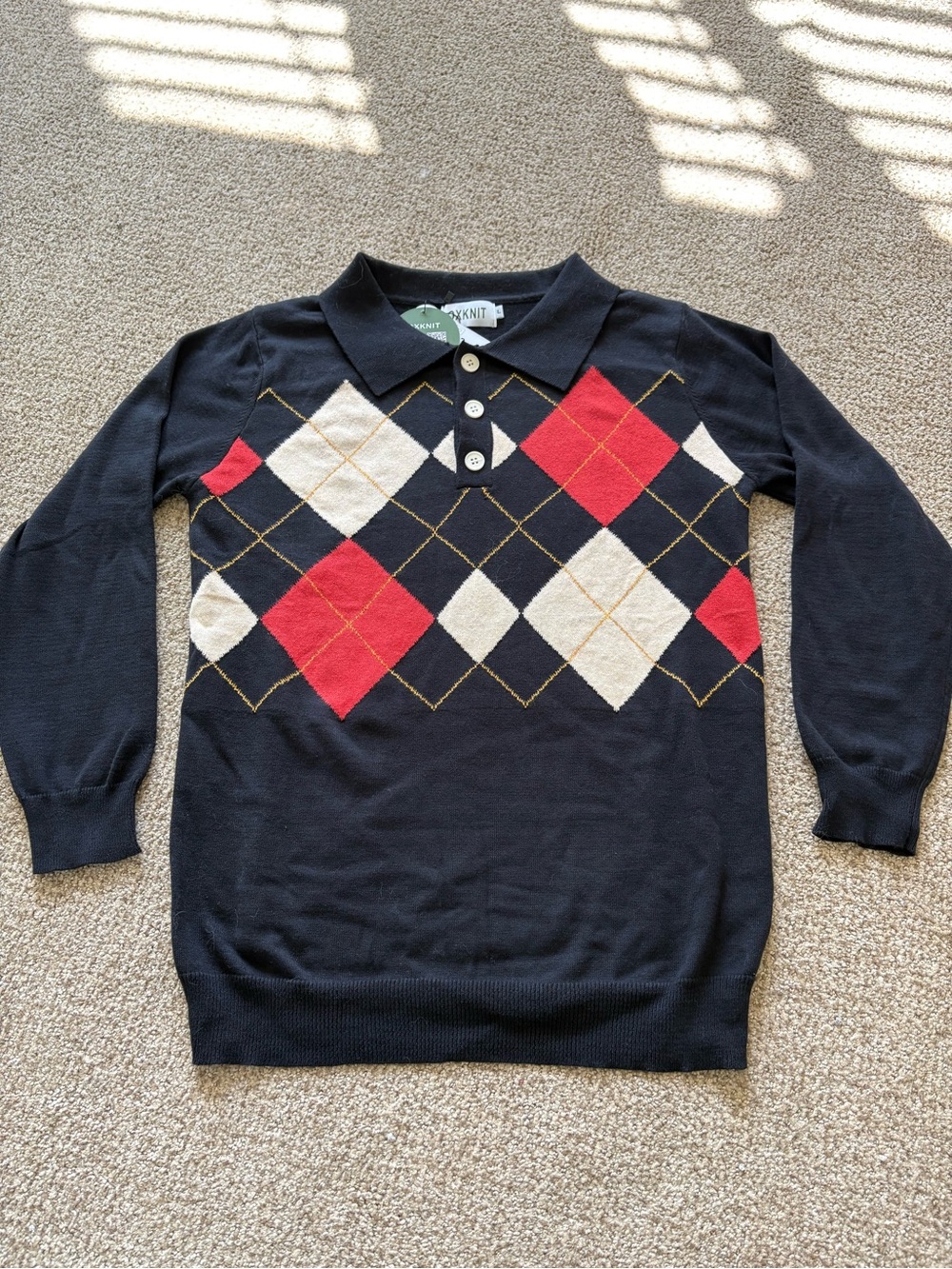 Classic V-Neck Argyle Polo Sweater in Black with Red & Cream